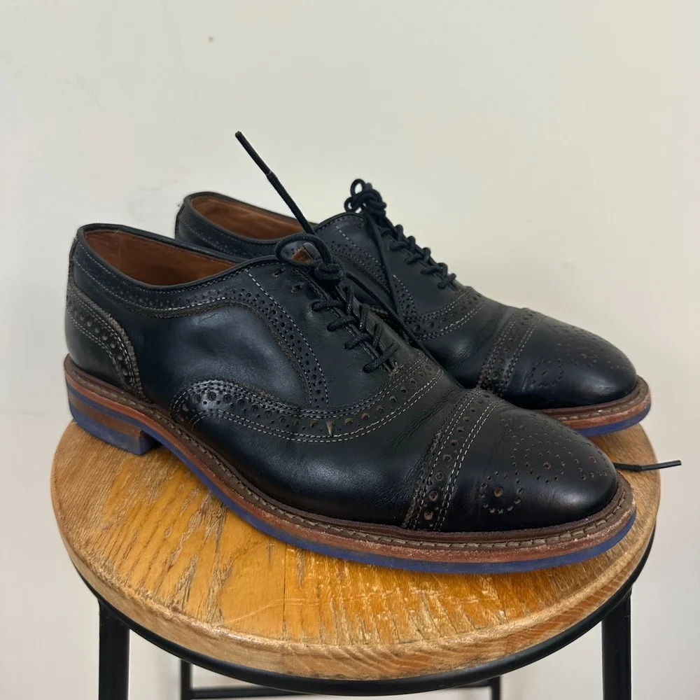 Allen Edmonds Strandmok US 8.5 E Black Blue Bottom Danite Wingtip Dress Shoes